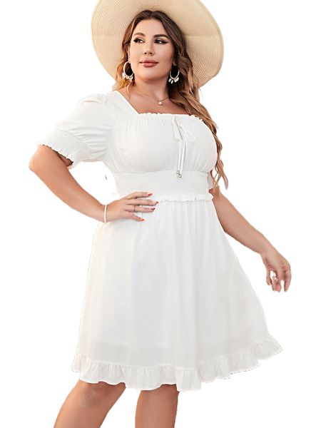 

plus knot front puff sleeve shirred ruffle hem dress f98p#, Black
