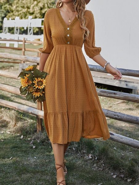 

swiss dot lace detail fake button lantern sleeve ruffle hem dress g7wr#, Black;gray