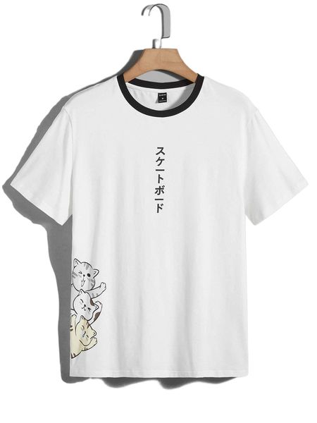 

men cartoon & japanese letter graphic contrast trim tee f2bh#, White;black