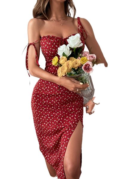 

ditsy floral tie shoulder split thigh cami dress r26j#, Black;gray