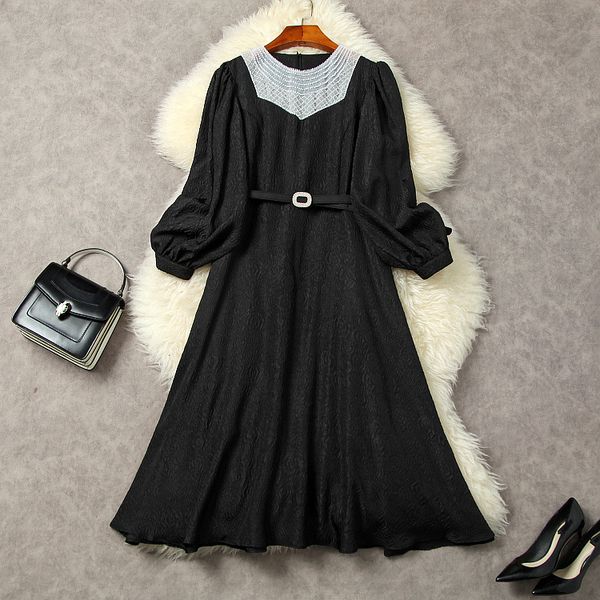 

2022 fall autumn long sleeve round neck black jacquard solid color panelled beaded rhinestone mid-calf dress elegant casual dresses 22g11203, Black;gray