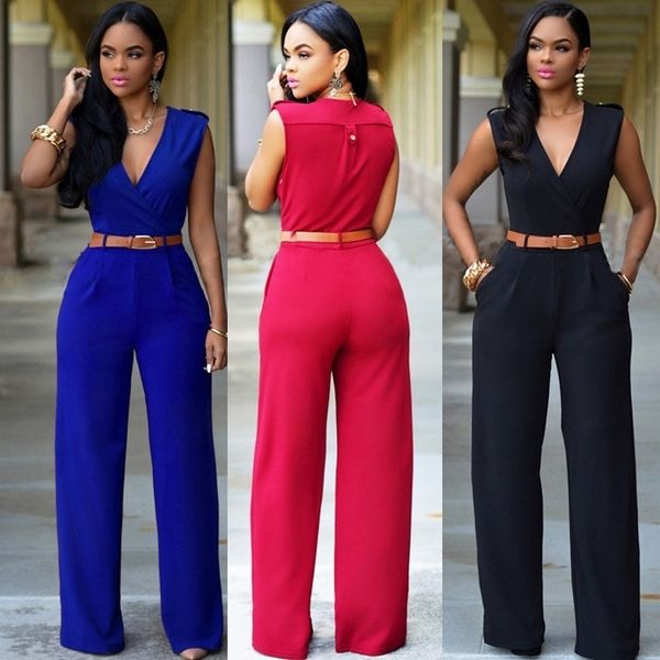 

fashion women jumpsuit v neck pocket sleeveless high waist wide leg romper casual summer female with waist band elegant overalls y200422, Black;white