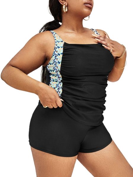 

plus geo print ruched bikini swimsuit s3t1#, White;black