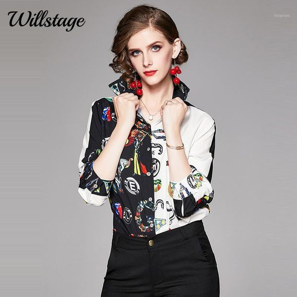 WillStage camisa de colarinho manga comprida impresso blusa mulheres patchwork padrão camisas formal tops 2022 outono inverno roupas femininas blusa