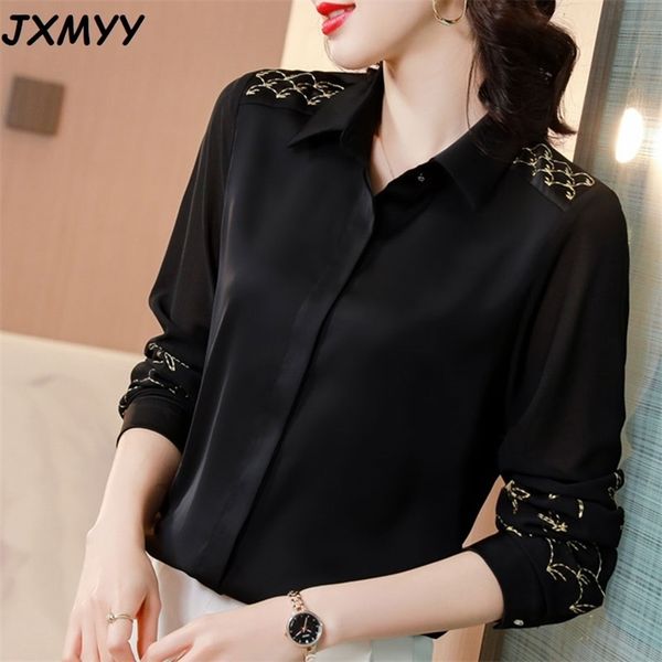 

jxmyy chiffon high-end black long-sleeved professional shirt female big-name temperament female blouse spring shirt 210412, White