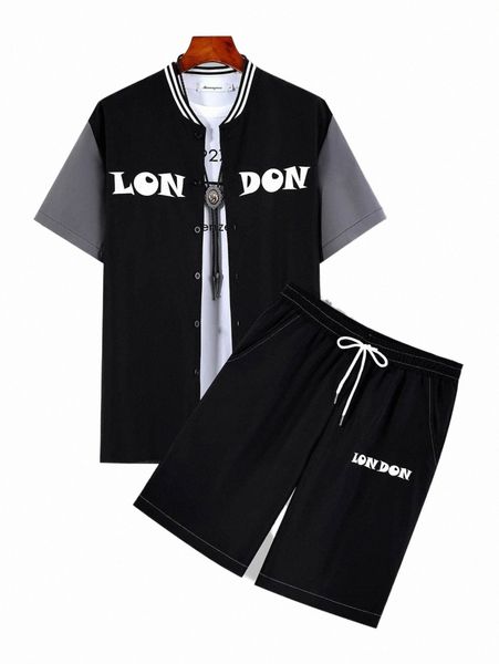 

men color block letter graphic shirt & shorts without tee z6ew#, Gray
