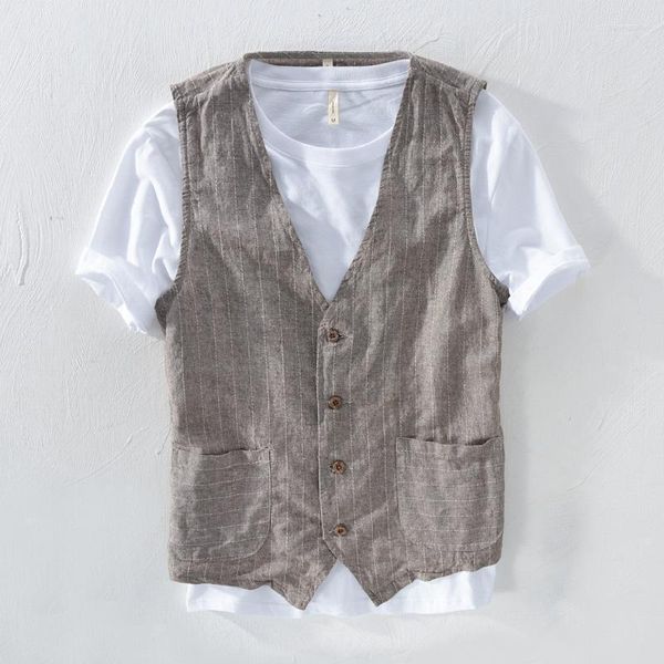 Gilet da uomo Gilet da uomo in lino vintage Materiale sottile 55% lino 45% cotone Gilet sottile a righe casual da uomo Taglia asiatica M-3XL Guin22