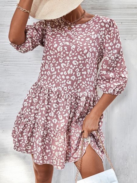 

leopard print puff sleeve ruffle hem dress t0tm#, Black;gray