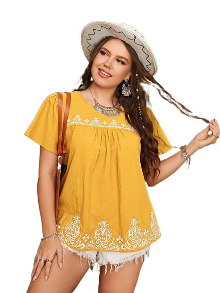 

plus floral embroidery puff sleeve blouse m3pg#, Black