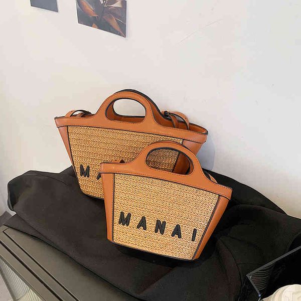 

2022 factory wholesale new knitting hand embroidery letter single shoulder large and small rattan bucket women's bag