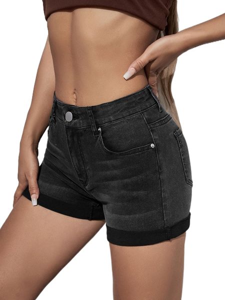 

cat whisker roll up hem denim shorts w96b#, White;black