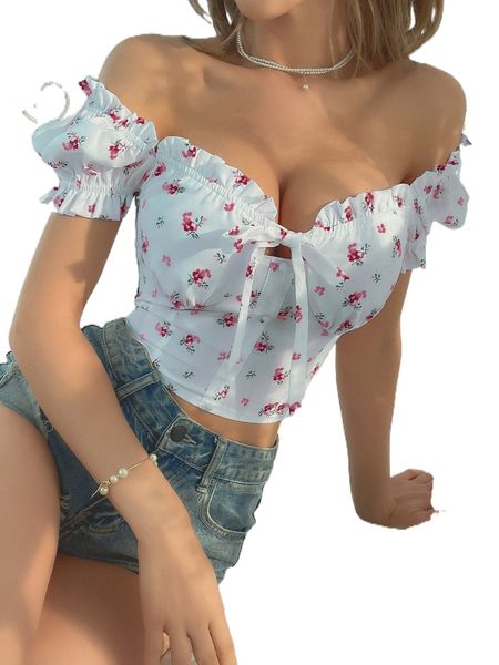 

ditsy floral print puff sleeve knot front crop blouse u9rf#, White