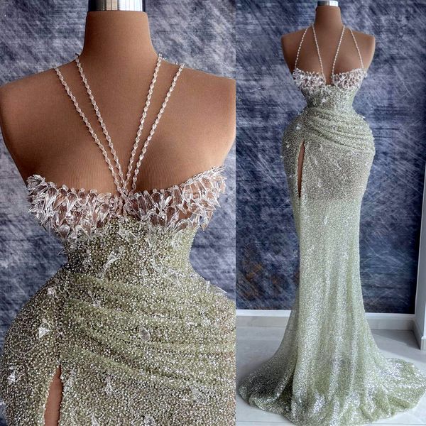 2022 plus size árabe aso ebi prata sereia vestidos de baile luxuosos cristais sexy noite festa formal segunda recepção aniversário vestidos de noivado vestido zj406