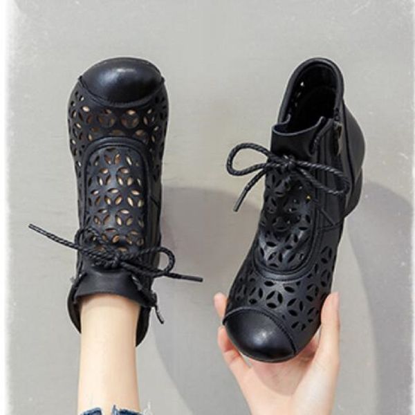 

handmade women sandals summer shoes genuine cow leather breathable hollow retro flat side zipper gladiator boots women da033, Black