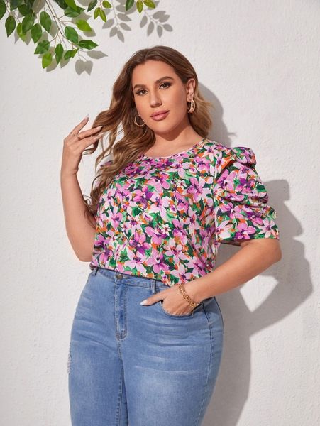 

plus allover floral puff sleeve blouse x7al#, Black