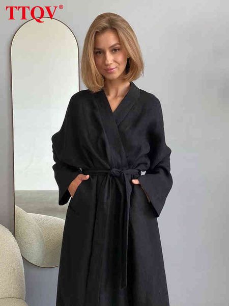 

ttqv casual loose black cotton dress woman robes autumn lace-up long sleeve midi dress elegant slit sleep dresses for women t220804, Black;gray