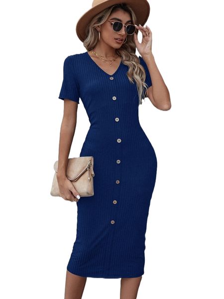 

button up rib knit bodycon dress 22fm#, Black;gray