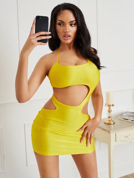 

sxy halter neck cut out backless bodycon dress 61y3#, Black;gray