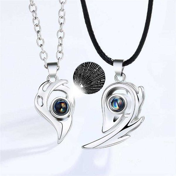 

necklaces pendant 2pcs magnetic heart couple 100 languages i love you projection necklace for women men fashion jewelry219g, Silver
