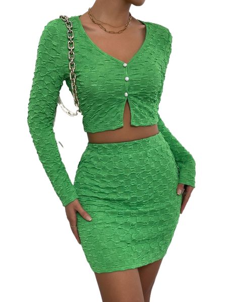 

textured knit button front crop & bodycon skirt c25h#, White