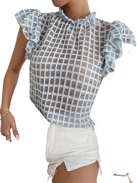 

plaid ruffle sleeve mesh y5ub#, White