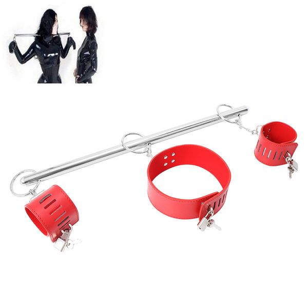 camaTech PU-Leder-Kragen-Handschellen mit Edelstahl-Metall-Spreizstange, BDSM-Sklaven-Hals-Handgelenk-Bondage-Fesseln, sexy Spielzeug