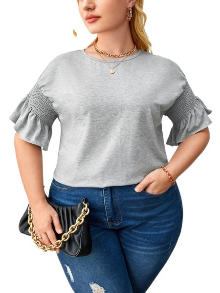 

plus shirred flounce sleeve tee r0b5#, Black