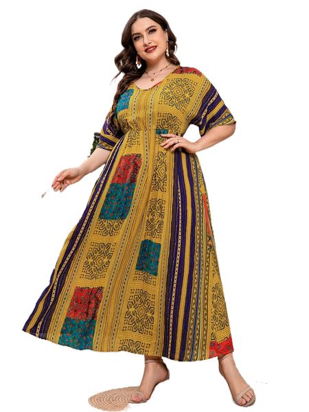 

plus scarf print batwing sleeve a-line dress x2aa#, Black