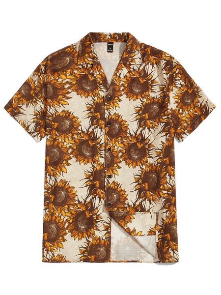

men sunflower print revere collar shirt f0b9#, White;black