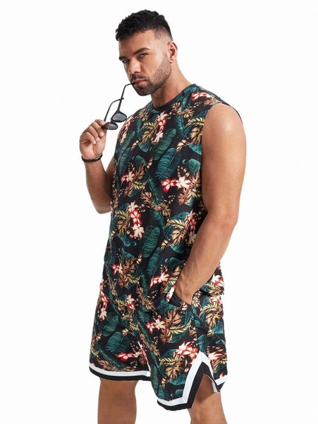 

extended sizes men tropical print tank & striped trim split hem shorts m9m3#, Gray