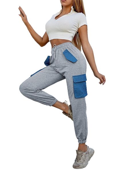 

glamaker drawstring waist contrast flap pocket joggers n9re#, Black;white