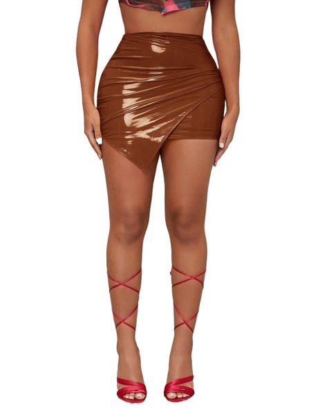 

asymmetrical hem patent bodycon skirt g4gz#, Black