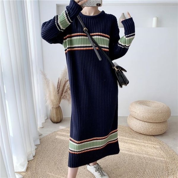 

knitted sweater striped long dress women winter casual korean dresses sweaters woman blue long sleeve dress pull femme y200910, White;black