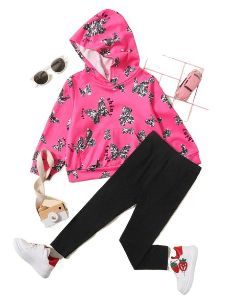 

toddler girls butterfly & letter graphic kangaroo pocket hoodie & leggings v5rk#, Black;white