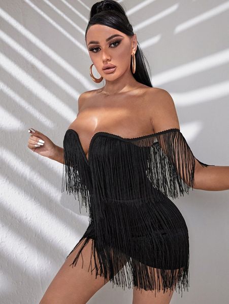 

sxy off shoulder fringe trim bodycon dress y5o1#, Black;gray