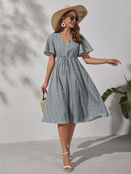 

ditsy floral drawstring waist dress l0eh#, Black;gray
