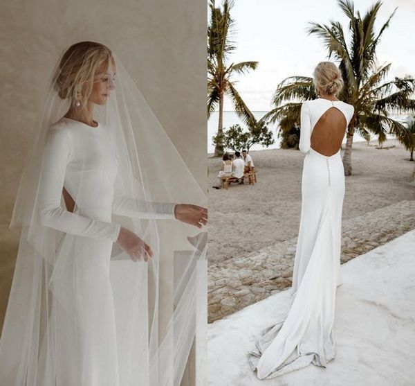 

simple design crepe stain boho wedding dresses 2022 long sleeve backless with buttons mermaid beach garden bridal gown, White