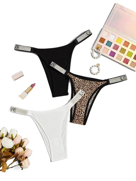 

3pack leopard print rhinestone detail thong t5v5#, Black;red