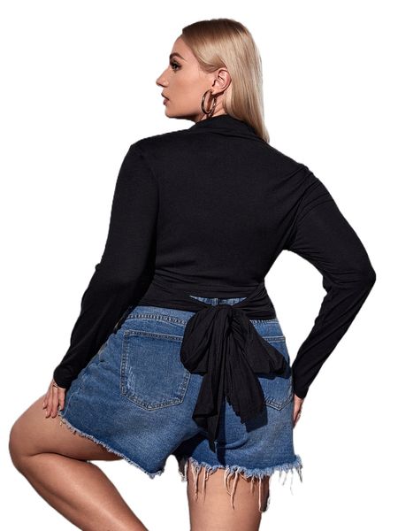 

plus mock neck wrap cross tie back tee z4as#, Black