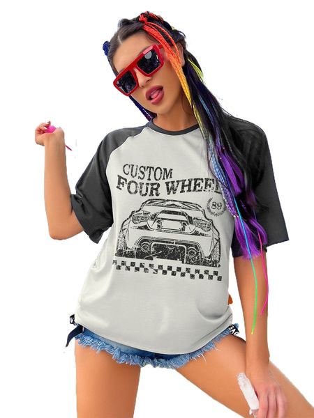 

car and letter graphic colorblock raglan sleeve tee 30k1#, White