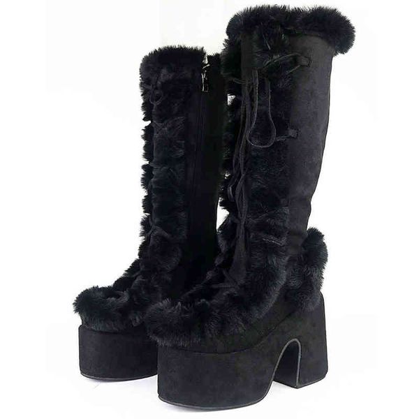 

boots size 43 brand goth platform chunky high heels fur short plush cosplay winter stylish punk snowboots shoes woman 2208051649317, Black