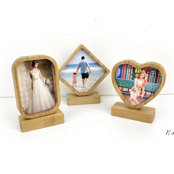 Sublimação Blanks Bambu Photo Frames Dupla face Imprimir Coração / Amor / Rodada Forma com Magnetismo MDF Inserir suporte base para casa GCA13232