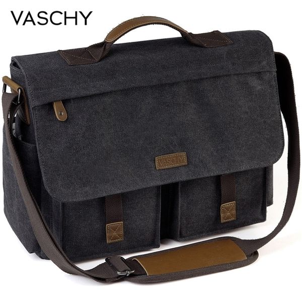 VASCHY Messenger Bag für Herren, Vintage, wasserabweisend, gewachstes Canvas, 15,6 Zoll Laptop, Aktentasche, gepolsterte Schulter, Damen 220813