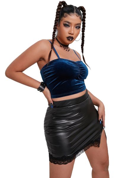 

plus lace trim split hem pu bodycon skirt i4jl#, Black