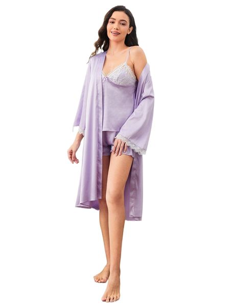 

3pcs contrast lace bow detail pj set v25o#, Black;red