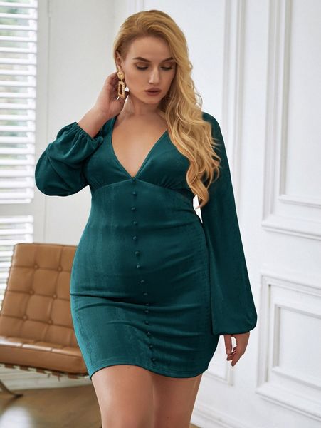 

love&lemonade plus deep v neck lantern sleeve bodycon dress d0rt#, Black