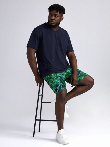 

extended sizes men v neck & tropical print shorts s6rz#, Gray