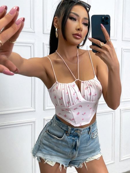 

floral print cut-out ruched bust asymmetrical hem crop y28j#, White