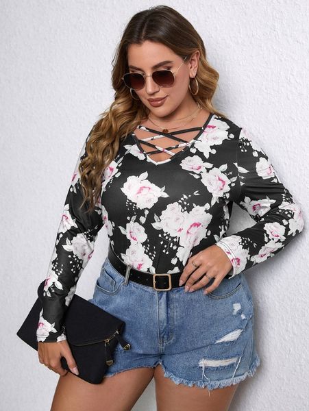 

plus floral print crisscross front tee c8x7#, Black