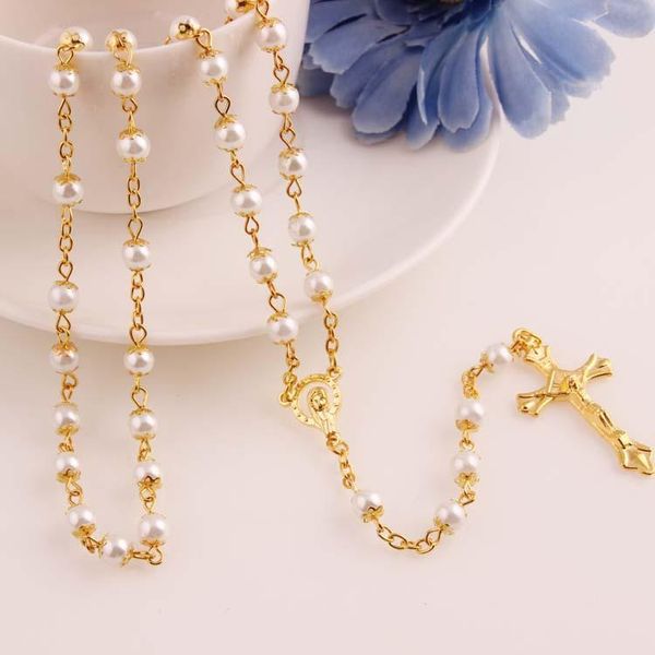 Branco pérola colar ouro rosário cordão religioso jesus cruz colar para mulheres 6mm promoção preço sy222